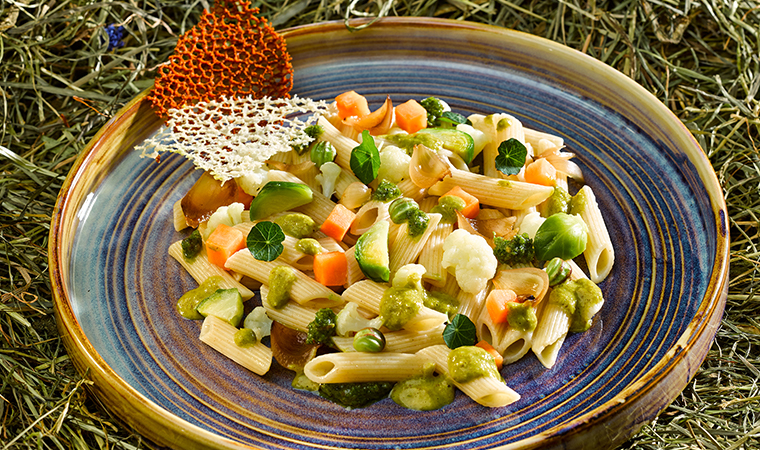 Lauwarmer Herbst-Nudelsalat mit Gemüse und Kapuzinerkresse-Pesto
